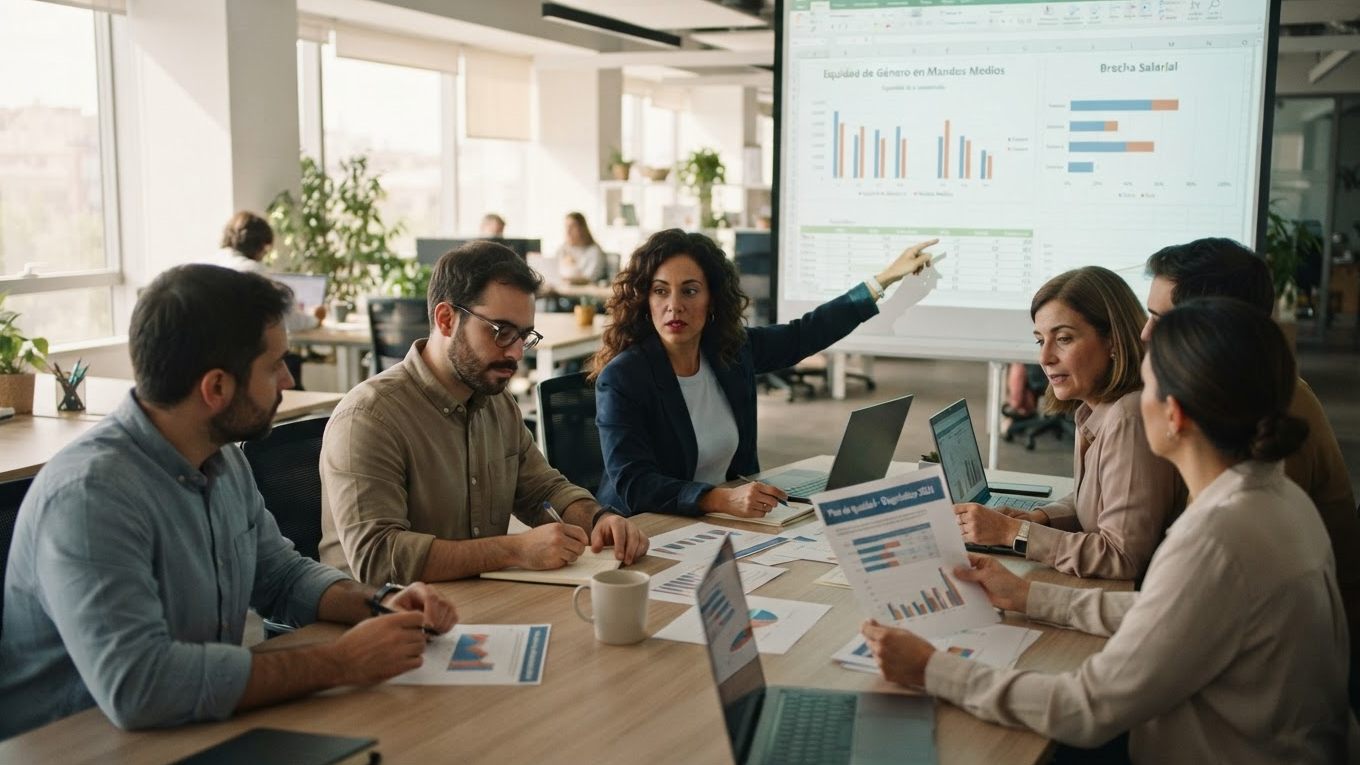 Equipo directivo revisando datos de equidad de género y brecha salarial en una reunión de empresa